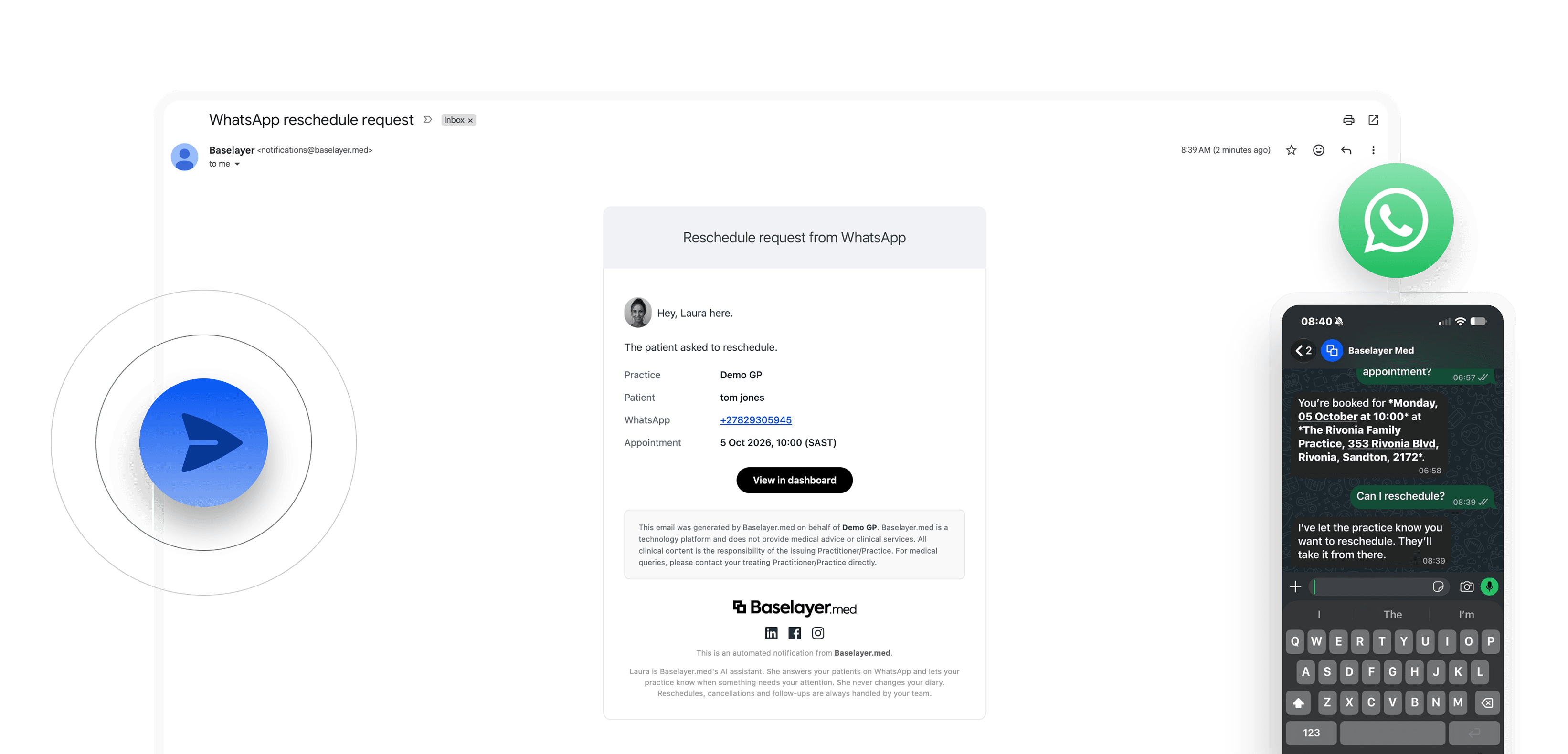 WhatsApp AI assistant on iPhone in Baselayer.med dark mode