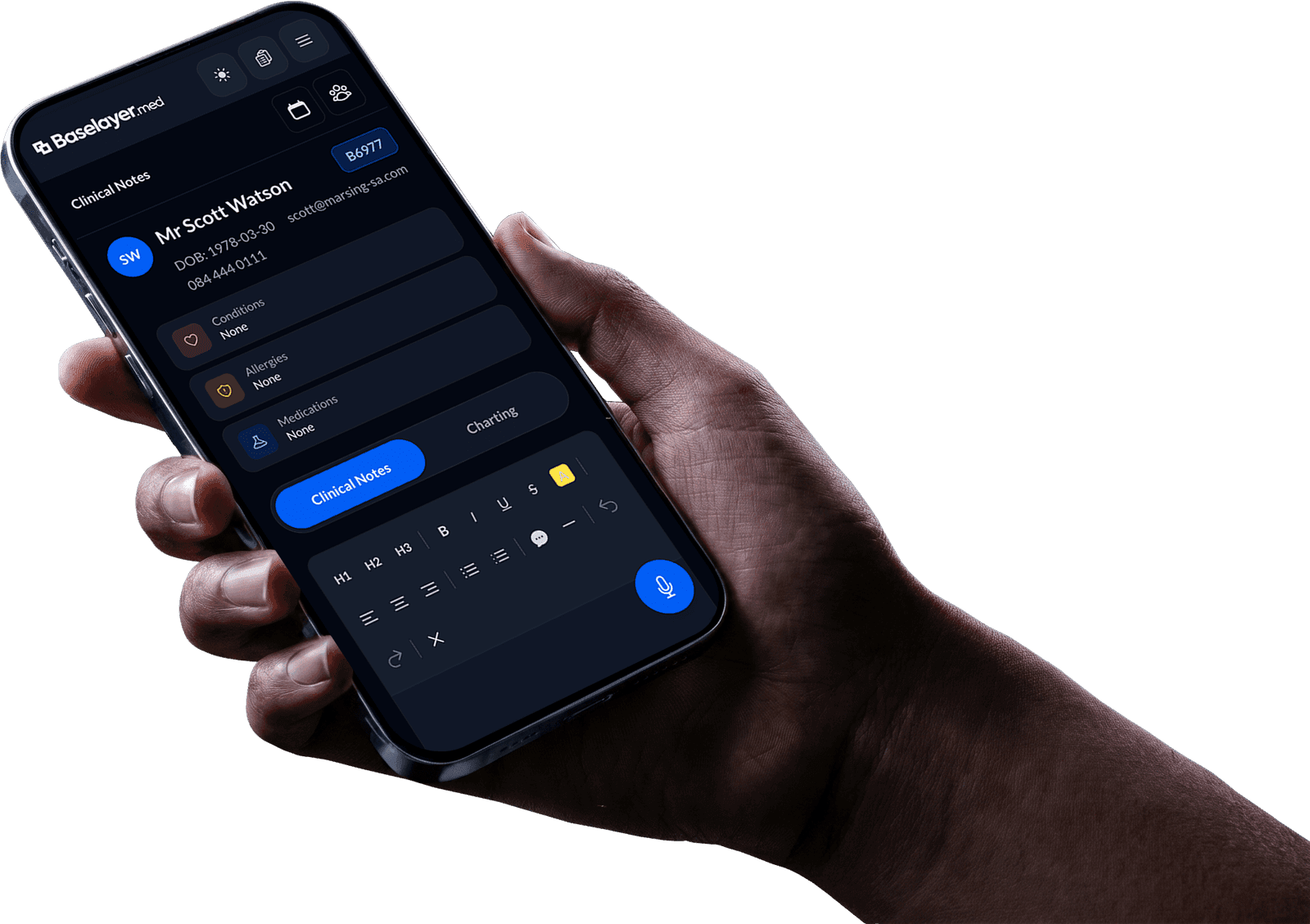 Baselayer.med clinical notes shown in dark mode
