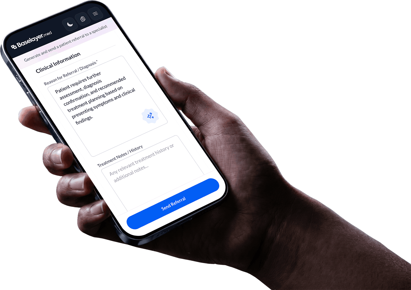 AI assistant on iPhone in Baselayer.med dark mode