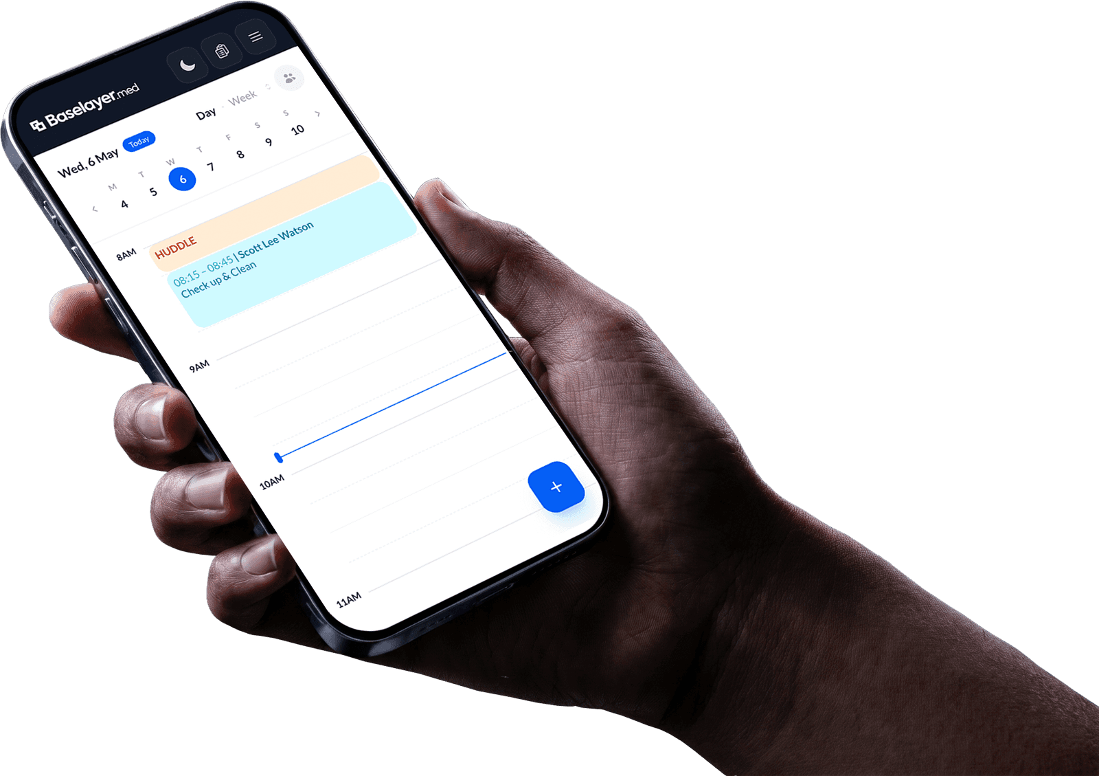 Appointment book on iPhone in Baselayer.med dark mode