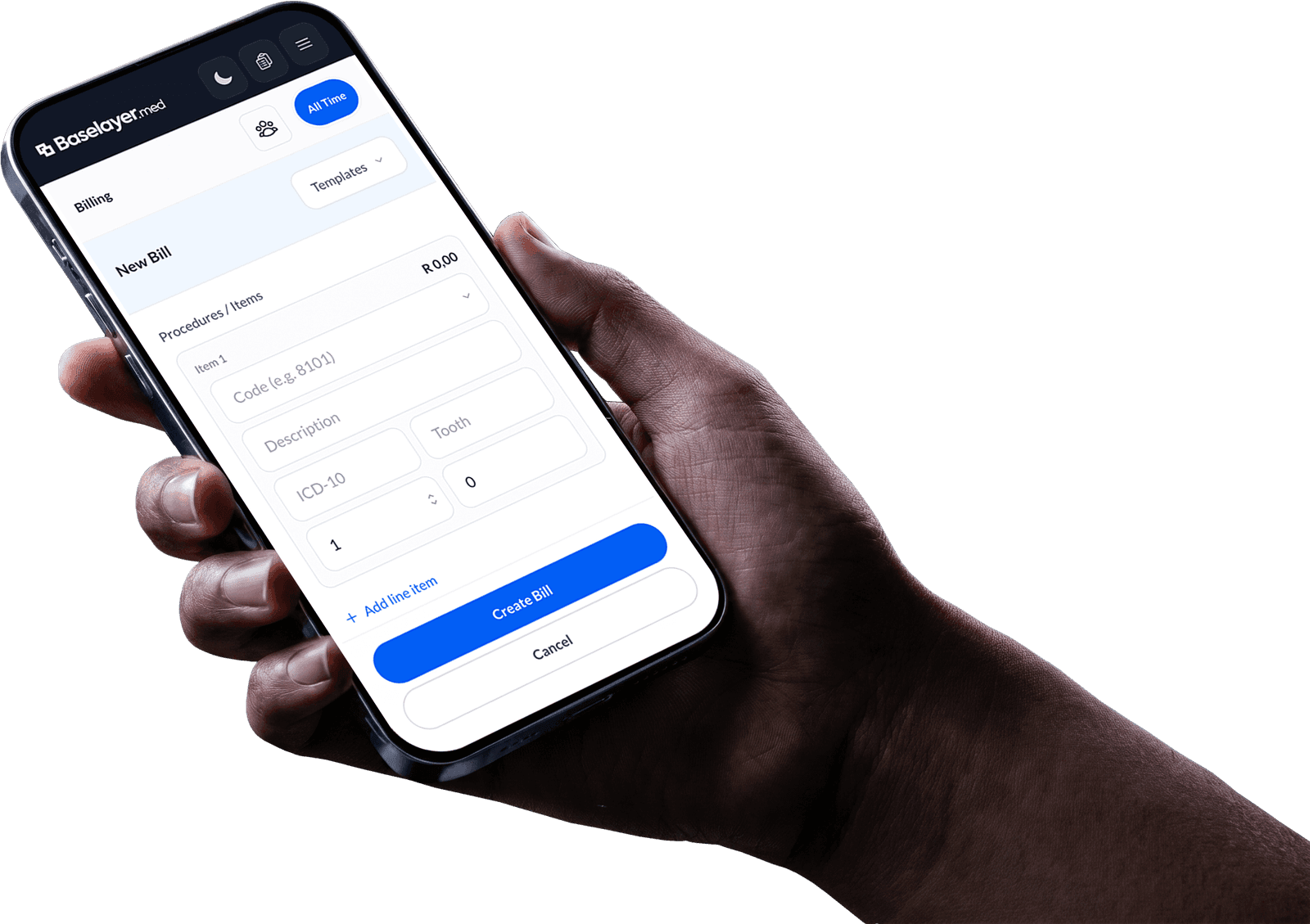 Patient billing on iPhone in Baselayer.med dark mode