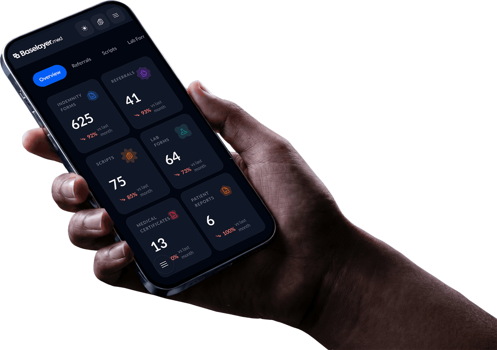 Cloud-hosted practice dashboard on iPhone in Baselayer.med dark mode