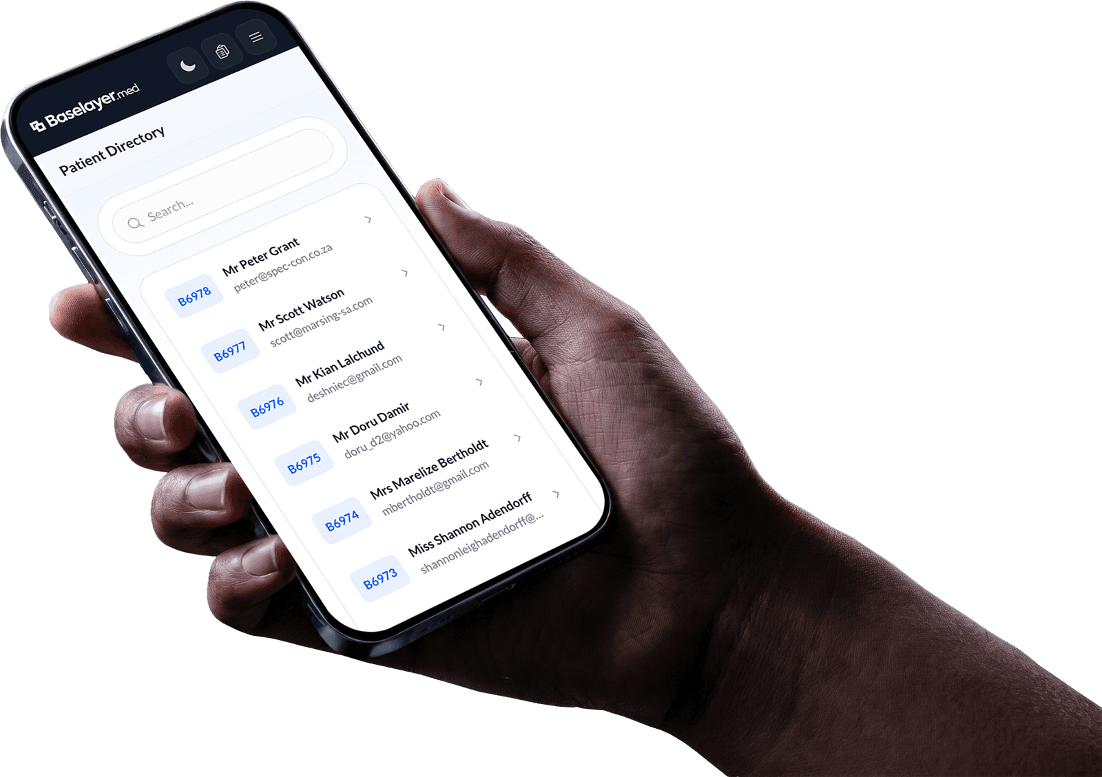 Patient directory on iPhone in Baselayer.med dark mode