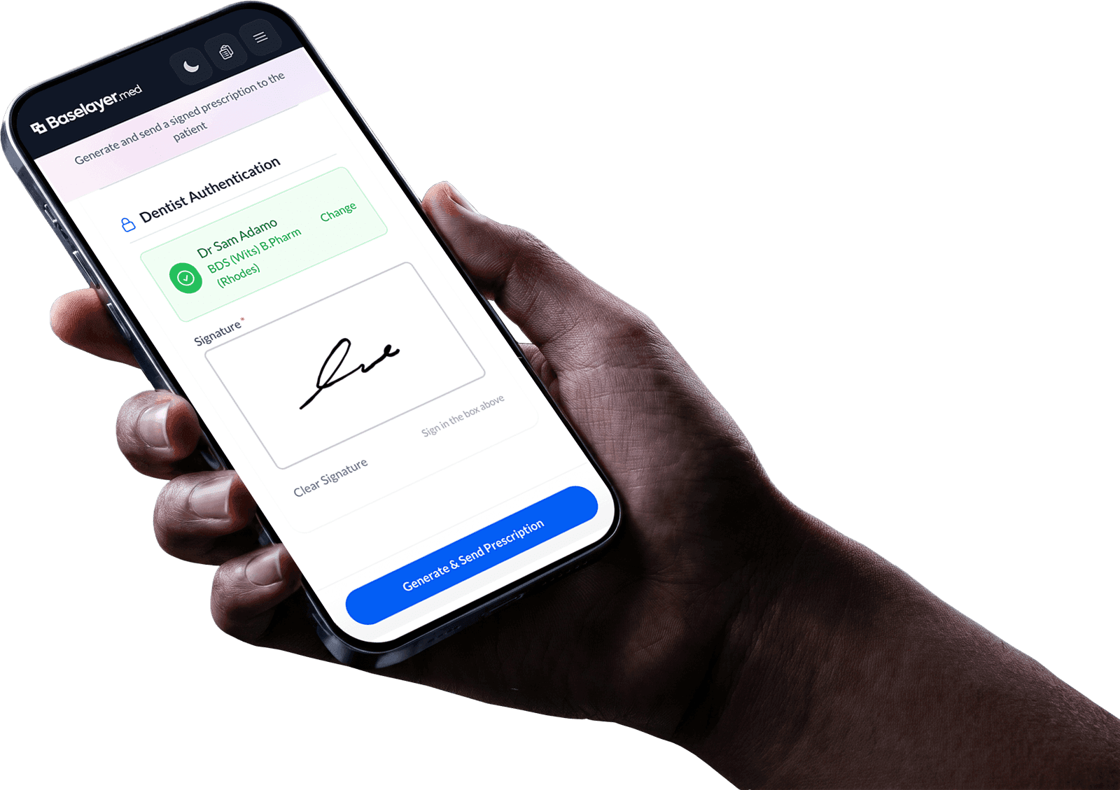 E-signatures on iPhone in Baselayer.med dark mode