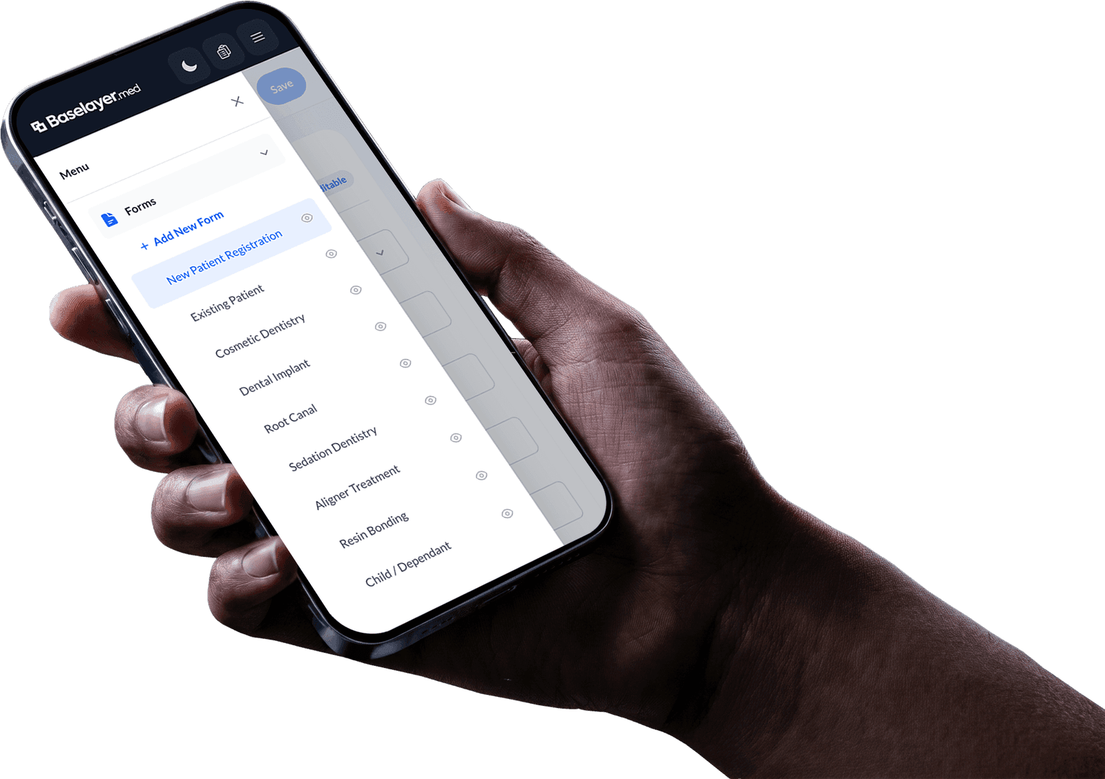 Digital indemnity & consent forms on iPhone in Baselayer.med dark mode