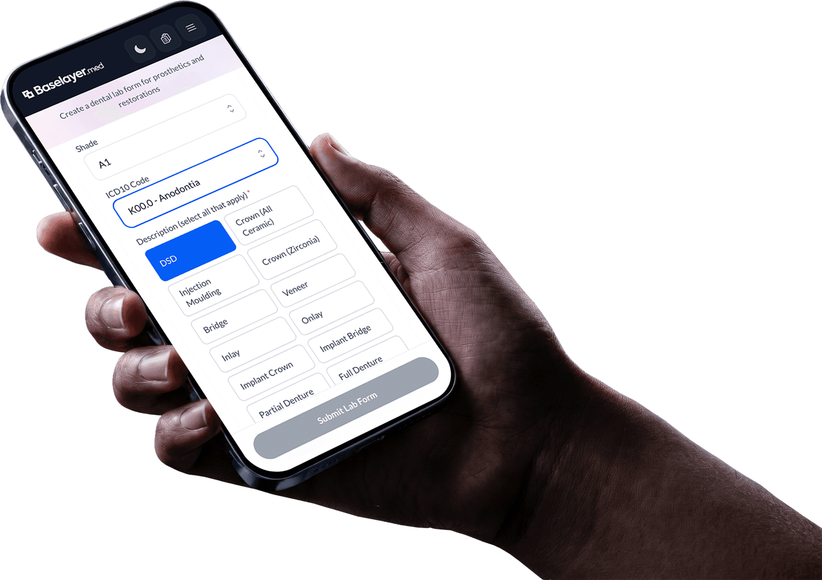 Digital lab form on iPhone in Baselayer.med dark mode
