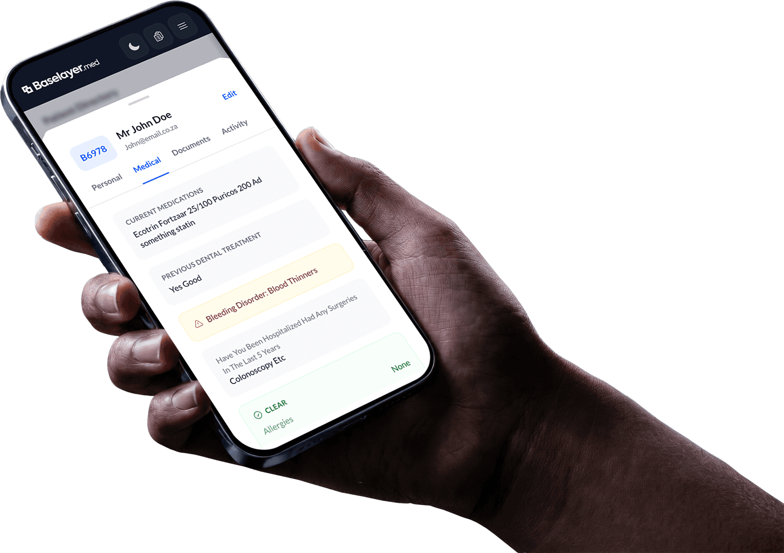 Patient records on iPhone in Baselayer.med dark mode