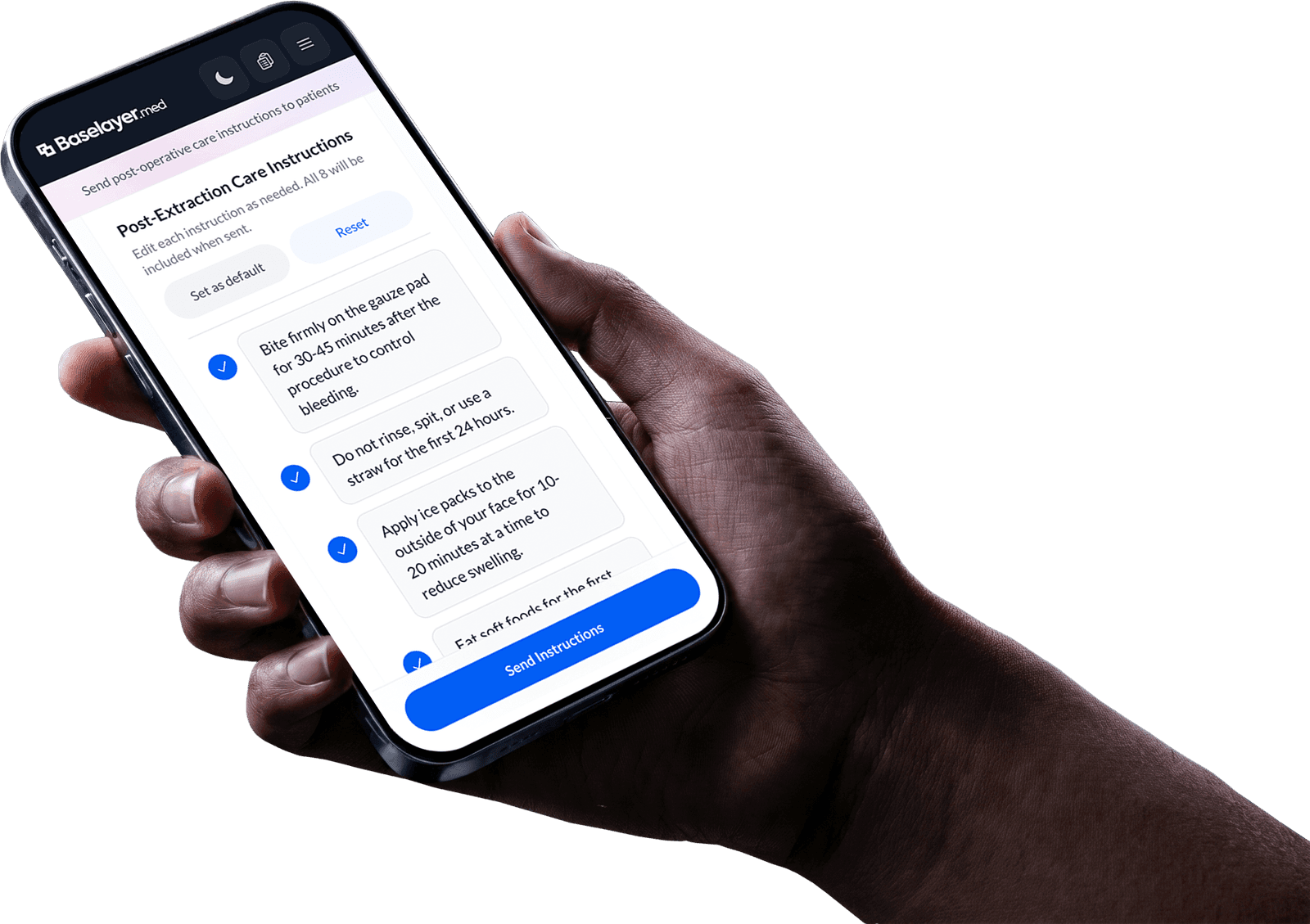 Smart patient communication on iPhone in Baselayer.med dark mode