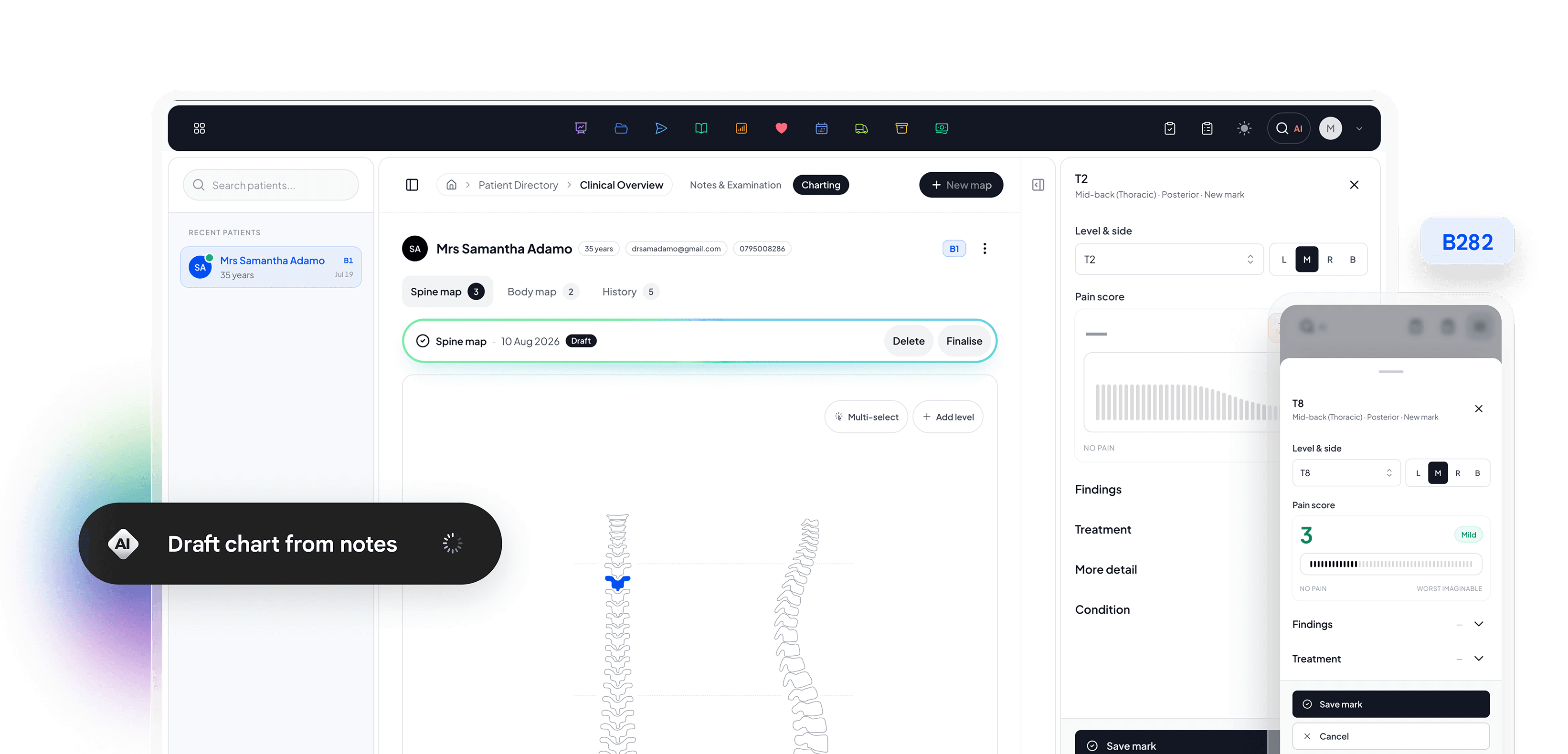 Spine charting on desktop and mobile in Baselayer.med