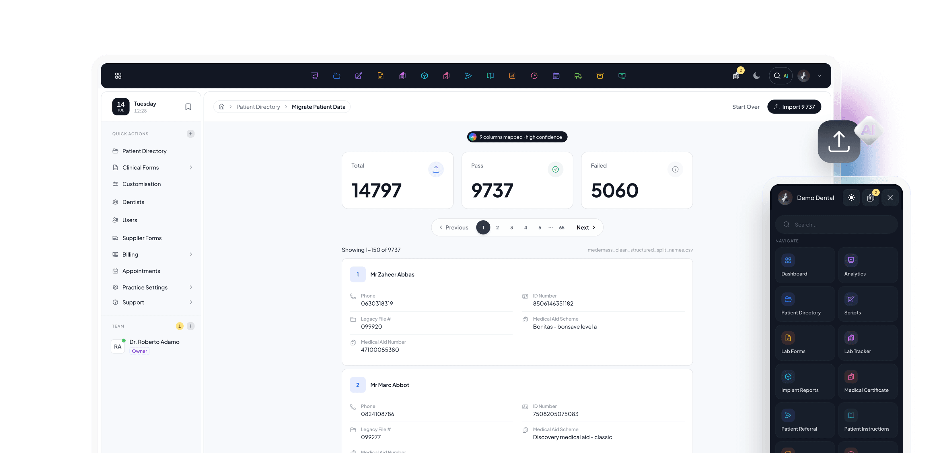 Patient records migration on iPhone in Baselayer.med dark mode