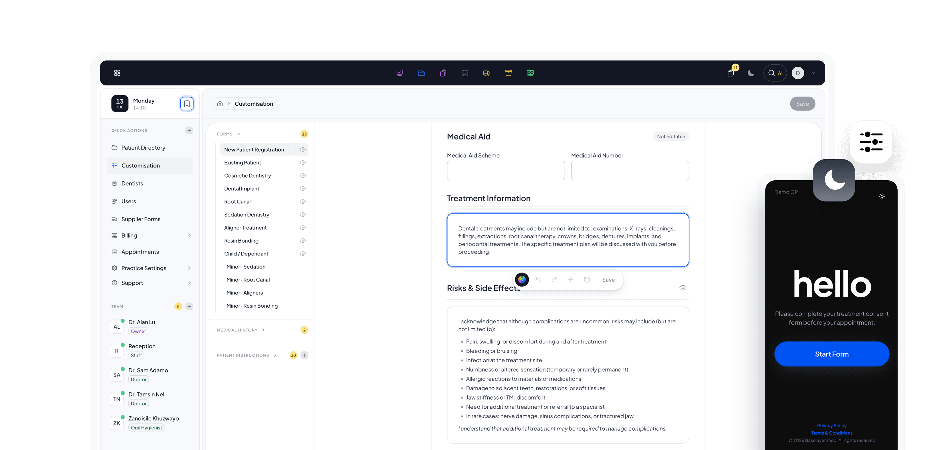 Digital indemnity & consent forms on iPhone in Baselayer.med dark mode