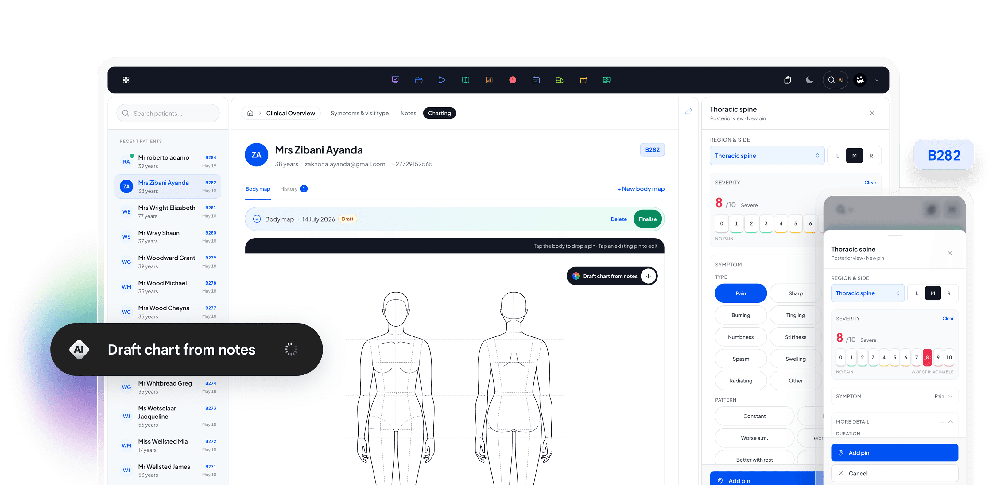 Digital body charting on iPhone in Baselayer.med dark mode