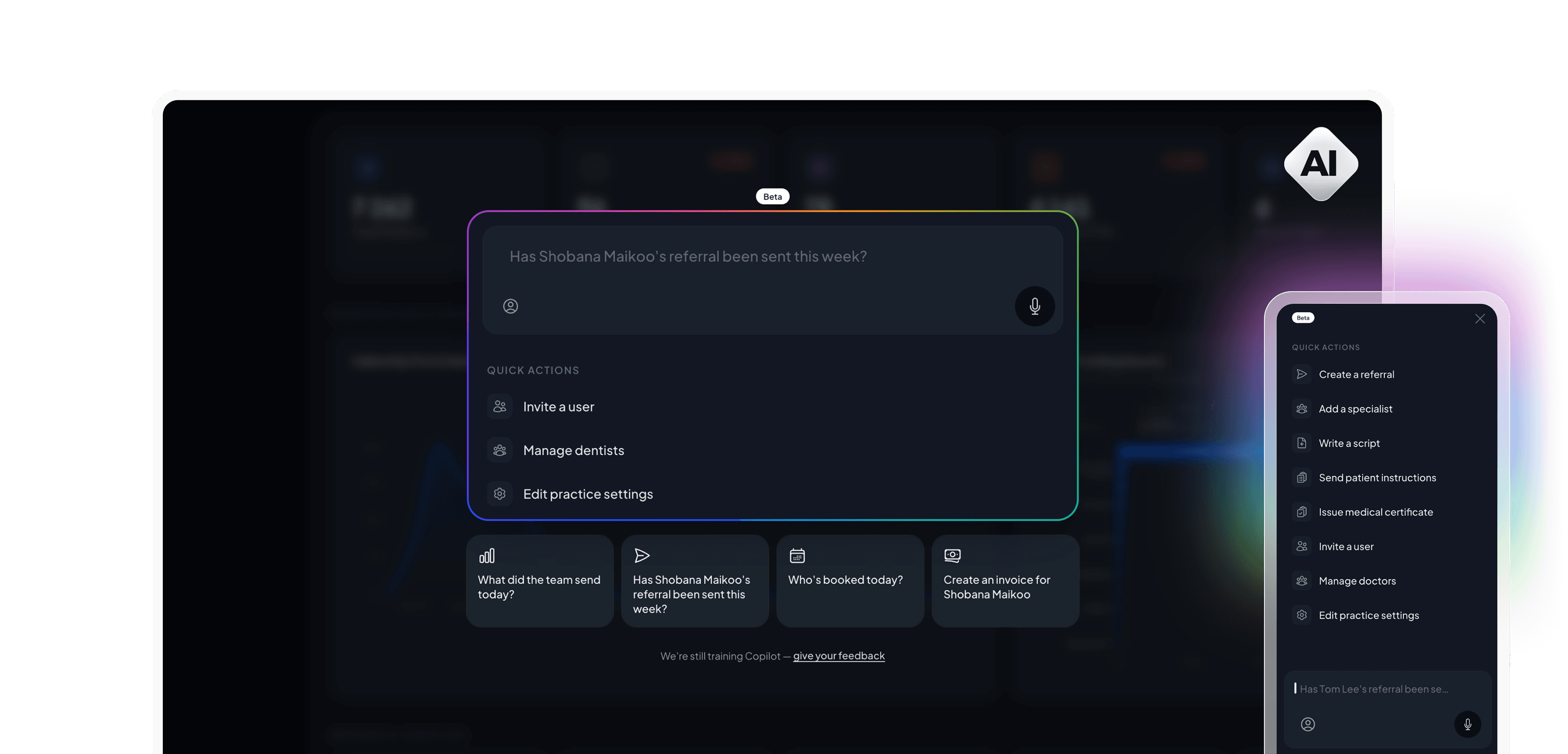 AI assistant on iPhone in Baselayer.med dark mode